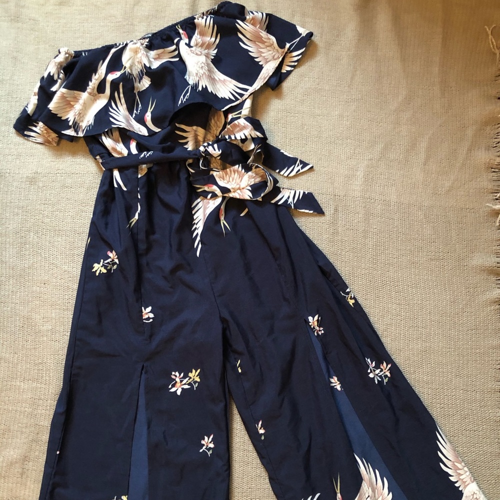 Floor length, bird and floral print jumpsuit